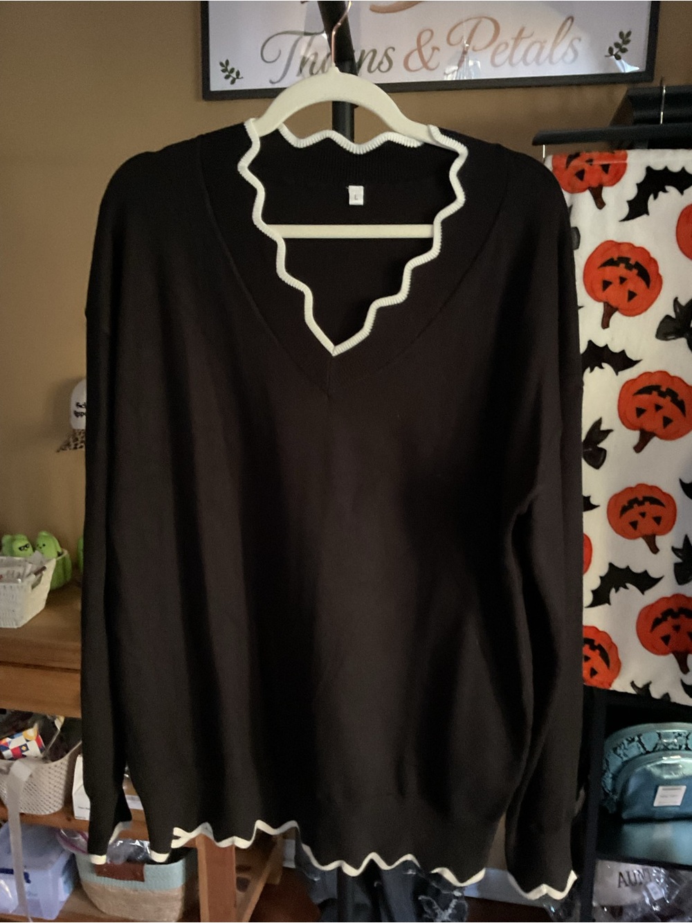 Black V-Neck Sweater with White Contrast Trim